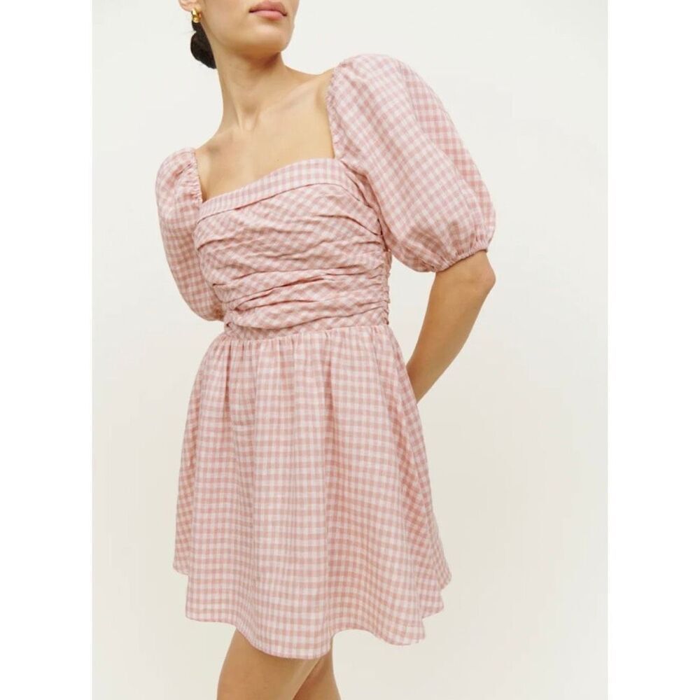 Reformation Zula Pink Gingham Linen Puff Sleeve Mini Dress Coquette 6 Cottage
